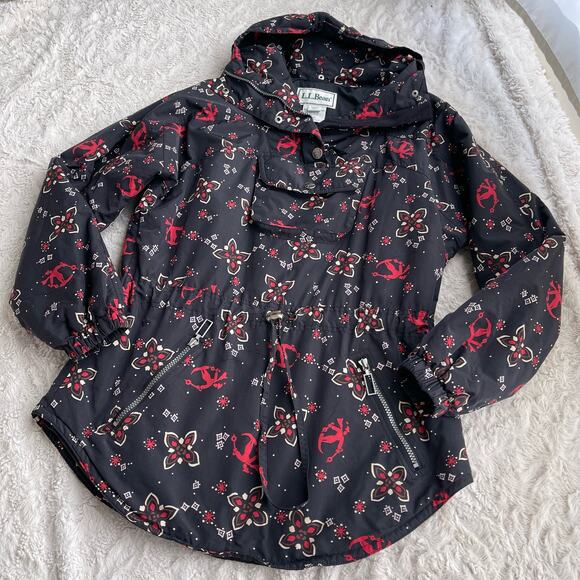 LL Bean Ski pullover anorak jacket shell coat snowflake‎ skiier boho black red S - Picture 10 of 17